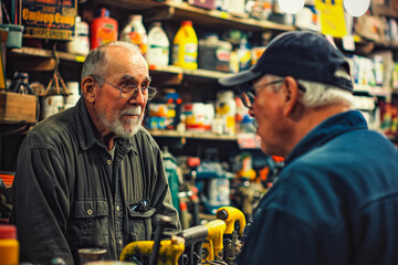 Obraz premium Candid, Friendly Conversation at a Small Town Hardware Store