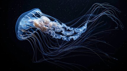 Fototapeta premium A jellyfish with a translucent body and long trailing tentacles floats in dark water, illuminated by light.