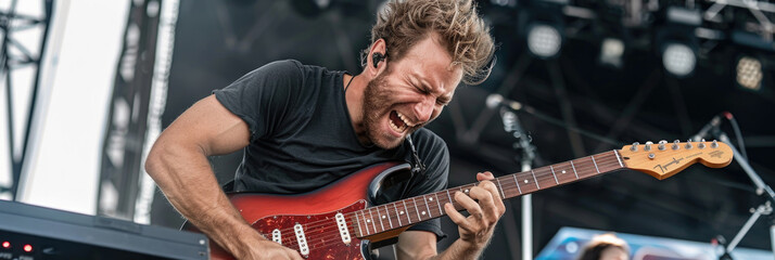 Musician immersed in performance, showcasing energetic guitar skills to an enthusiastic crowd at dusk