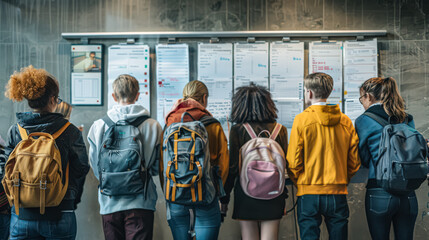 Fototapeta premium A group of students are standing in front of a bulletin board with papers on it. They are looking at the board and seem to be focused on the information displayed. Scene is serious and studious
