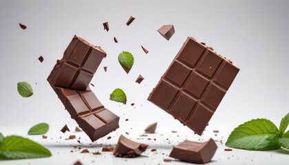 Close-up of a chocolate bar with a fresh mint leaf on top