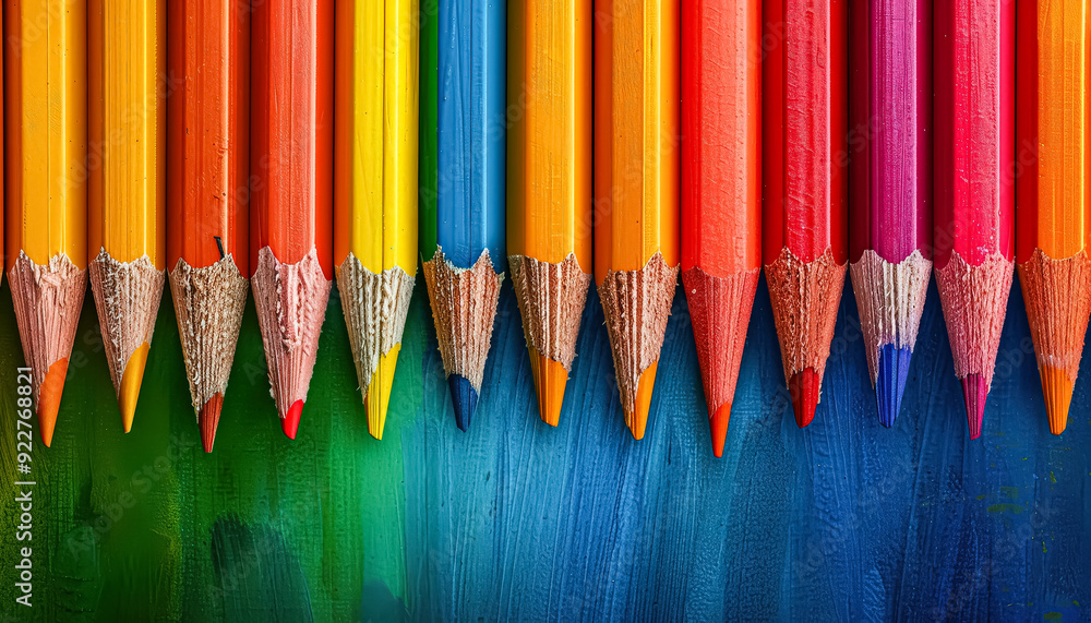 Poster a row of pencils with different colors, including red, yellow, and blue. the pencils are lined up ne