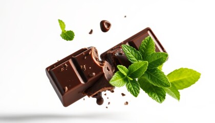 Close-up of a chocolate bar with a fresh mint leaf on top