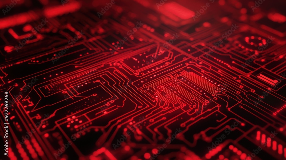 Poster red circuit board background with electronic components and pathways