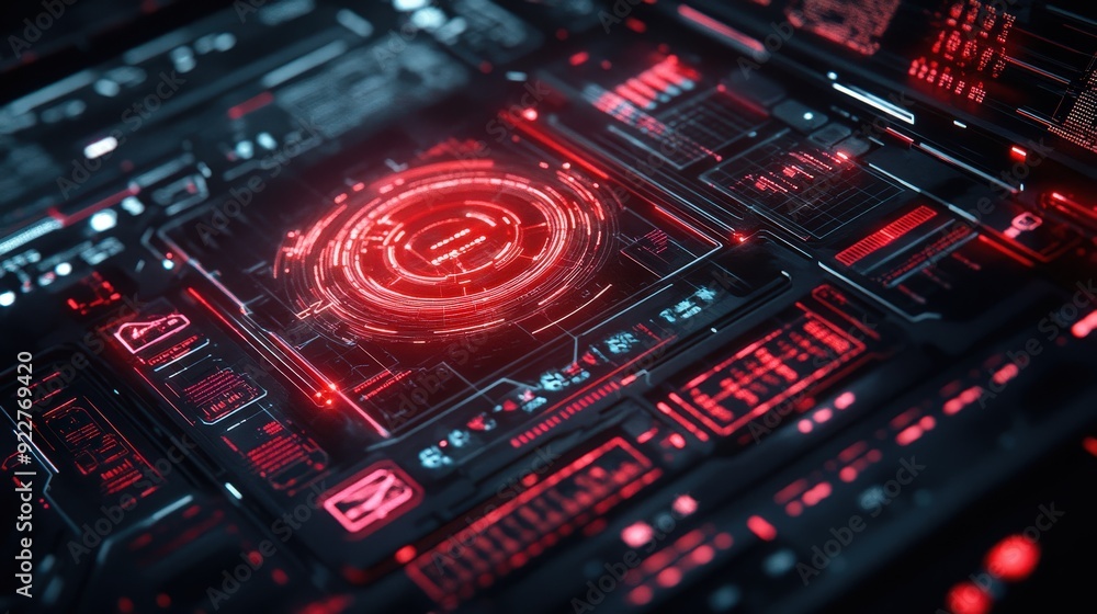 Poster red themed digital interface with holographic elements and tech symbols