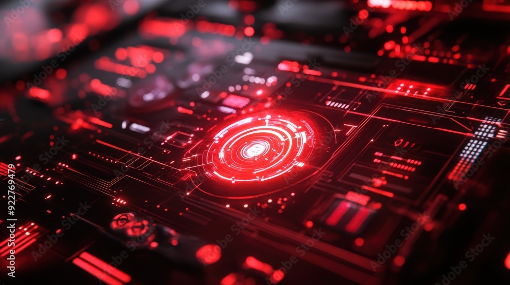 Poster red themed digital interface with holographic elements and tech symbols