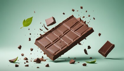 Close-up of a chocolate bar with a fresh mint leaf on top