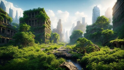 Post apocalyptic world an abandoned city overgrown by nature