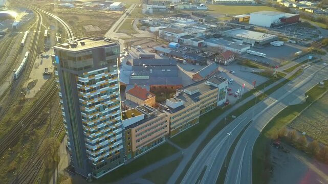 Aerial view of high-rise office building in Linkoping city, Sweden