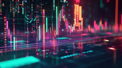 Abstract Neon Cityscape with Financial Data Visualization