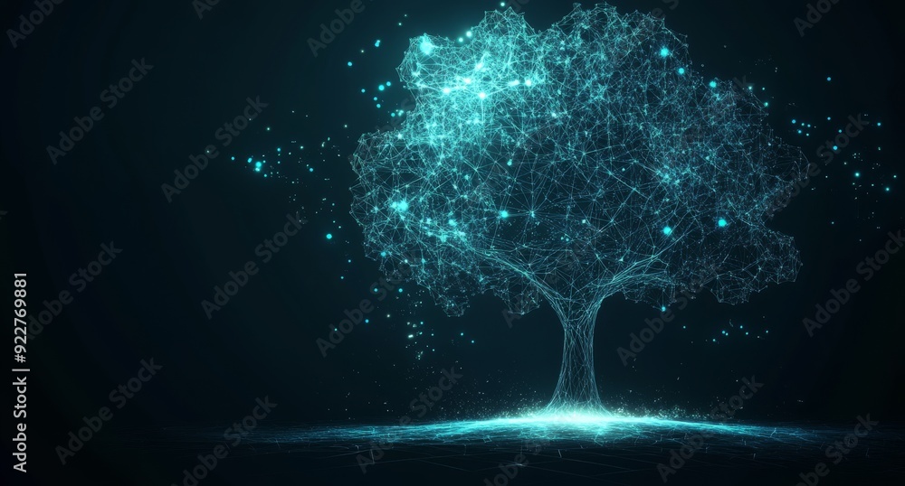 Poster futuristic tree made of glowing geometric patterns and nodes in a dark background