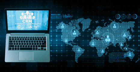 CRM Customer Relationship Management for business sales marketing system concept presented in futuristic graphic interface of service application to support CRM database analysis. uds