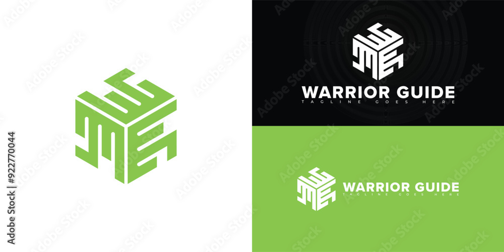 Poster abstract hexagon initial letter wg or gw in green color isolated on multiple background colors. the 