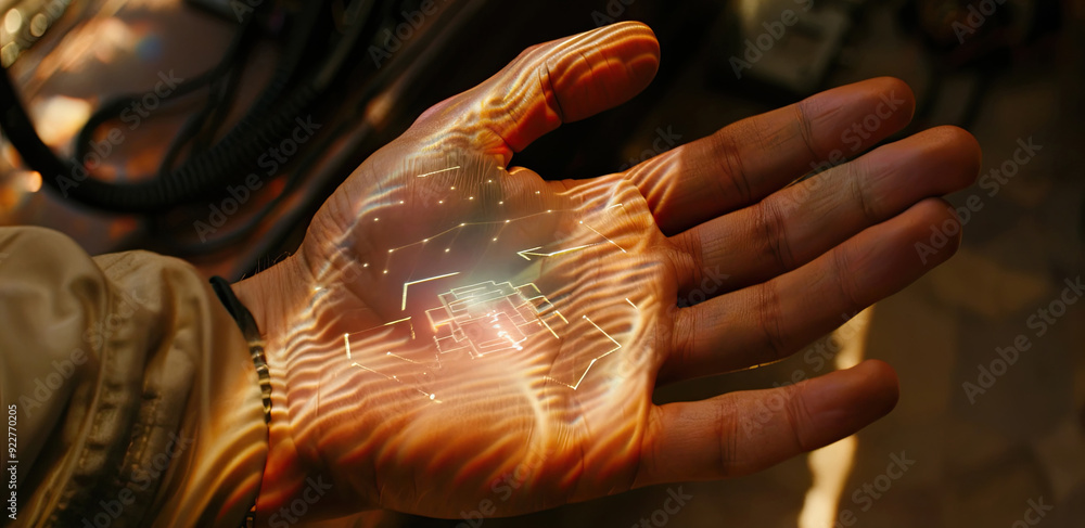 Poster a holographic display of data pulses above an outstretched hand, creating a mesmerizing light show