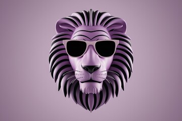 3D render of an abstract lion face in violet and black, sporting luxury sunglasses. Copy space.
