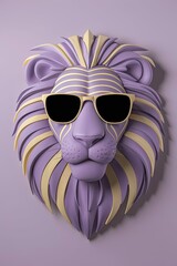 Fototapeta premium 3D abstract illustration of a lion face in two colors, violet and yellow, with luxury sunglasses. Copy space.
