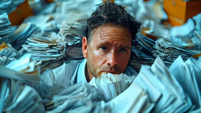 Overload work. Exhausted man in paper documents pile