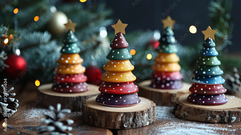 Poster a row of colorful christmas trees made of wood and decorated with stars and snow. the trees are arra