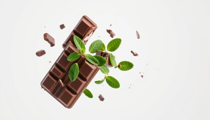 Close-up of a chocolate bar with a fresh mint leaf on top