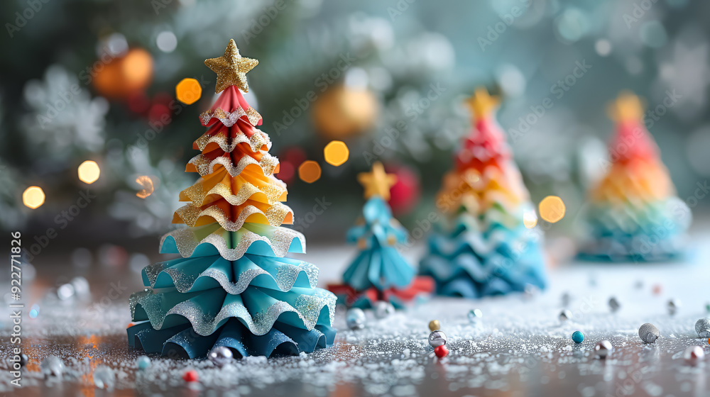 Poster a row of colorful christmas trees made of wood and decorated with stars and snow. the trees are arra