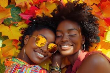 Two women joyfully pose with colorful autumn leaves, radiating happiness and friendship under the sun