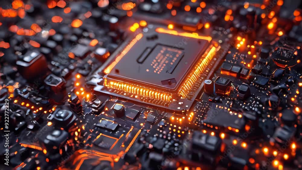 Poster futuristic computer microchips and microchips with processors and transistors