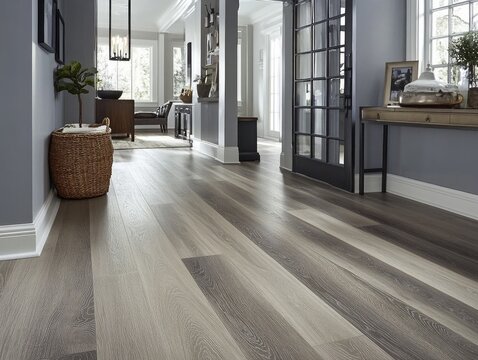 a modern farmhouse style foyer with gray LVP flooring. The walls are also painted gray. --chaos 20 --ar 4:3 --style raw --v 6.1 Job ID: dbb37aa9-231b-47d7-9874-6c61df8eab8d