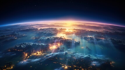 Panoramic view on planet Earth globe from space. Glowing city lights, light clouds