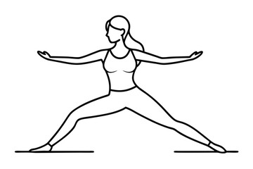 Empowering Line Art Woman in Warrior Yoga Pose Vector Illustration