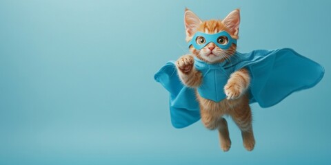 Fototapeta premium Leaping into Adventure: The Super Cat in Blue Cloak and Mask Soars on a Light Blue Background, A Whimsical Feline Hero Studio Shot.