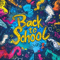 Back to school colorful text on background with doodle pattern