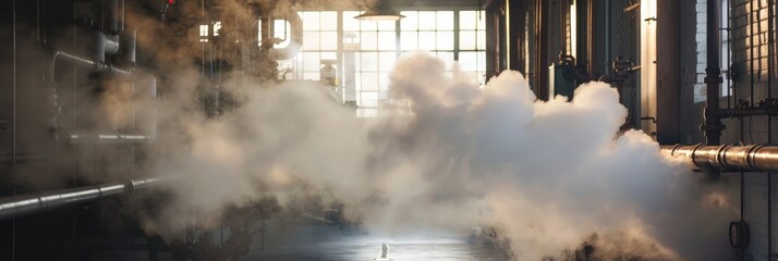Steam plume escaping from piping in a gas boiler room