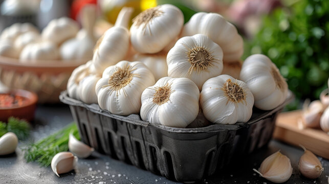 Fresh garlic bulbs arranged in a basket on a countertop