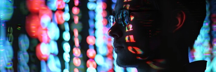 A person showcasing digital representations of DNA sequences and binary code