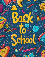 Back to school colorful text on background with doodle pattern