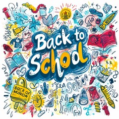 Back to school colorful text on background with doodle pattern