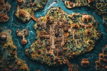 Top Down Town RTS Style Fantasy Game World Map Generative Illustration