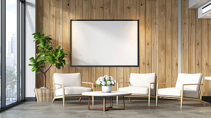 A modern office waiting room with stylish wooden accents, a comfortable seating area, and a blank poster on the wall, captured in high-definition.