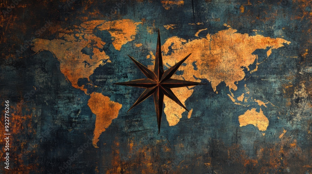 Poster a map of a compass on an old world map with the continents, ai