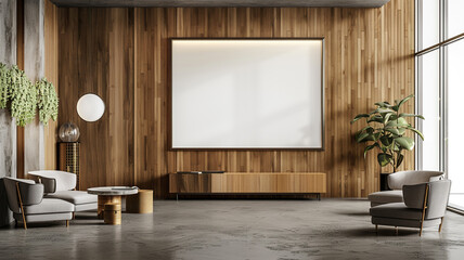 A modern office waiting room with sleek wooden accents, minimalist decor, and a blank poster on the wall, rendered in 3D.