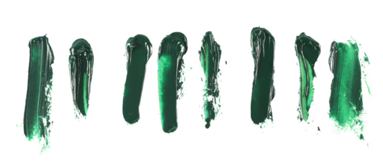 Set photo different green lines, grunge brush strokes oil paint isolated on white background	