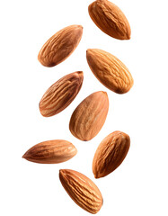 Shelled almonds falling freely vertically on white background