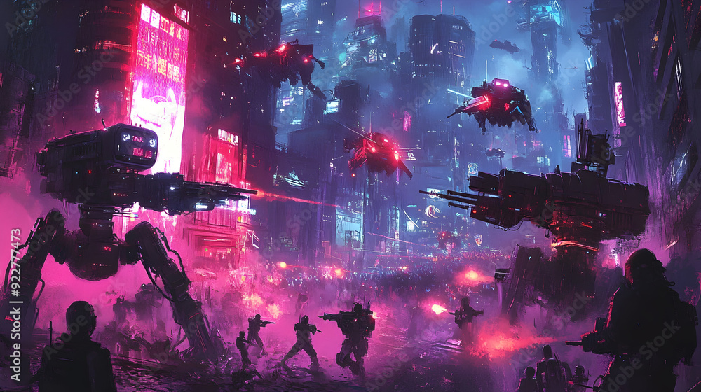 Poster robotic uprising in a dystopian future - an illustration of a dystopian world where robots have rebe