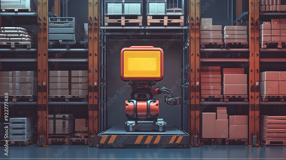 Poster robotics in logistics and warehousing - an illustration of robots managing inventory, sorting packag