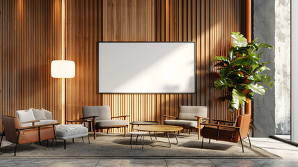 A modern office waiting room with natural wooden elements, a blank poster, and comfortable seating, photographed in high-quality 3D rendering.