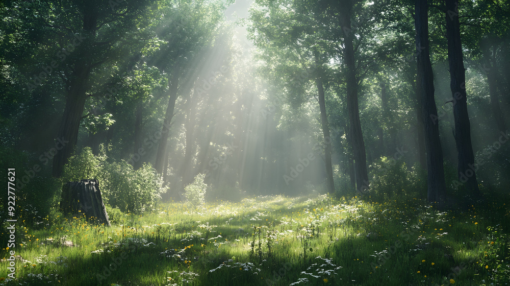 Poster forest glade with sunbeams filtering through trees