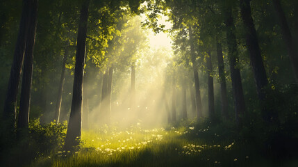 Obraz premium A peaceful woodland backdrop highlighted tall trees bathed in soft, dappled light.