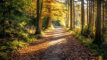Fototapeta premium Shaded Forest Path with Fallen Leaves and Sunlight Dappled Through Trees