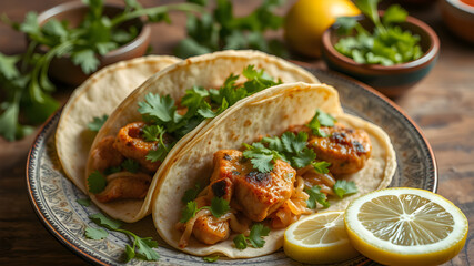 Suadero tacos with cilantro on a plate with lemons, typical Mexican food. Generative AI