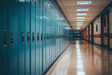 A row of  metal school lockers, located in a quiet, empty hallway.